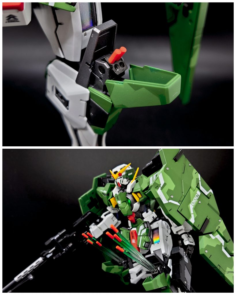 膝のGNミサイルも2mm丸棒で別パーツ化クリアプラ棒を使って発射シーンを再現可能に