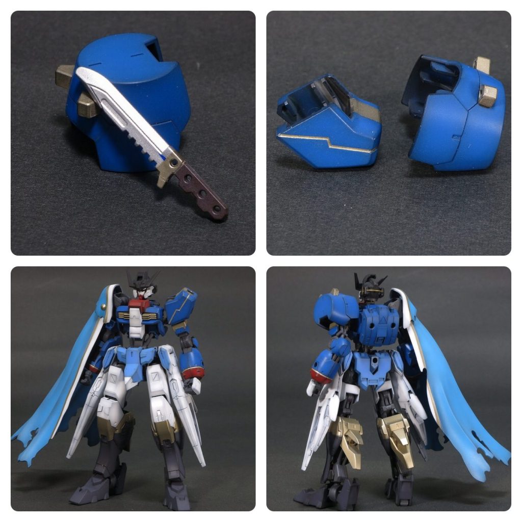 ナイフや肩アーマーも塗り分けです。上掛けの都合上余る肩アーマーは、好みでさしかえられるように両方塗装してあります。バックパックも塗りましたが、つけないほうがバックショットがカッコいい気がしますね