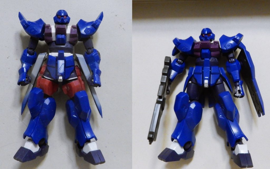 パチ組との比較太腿はアニマギアのパーツを貼って太く。シールドをセンターで切って腰サイドアーマーに。