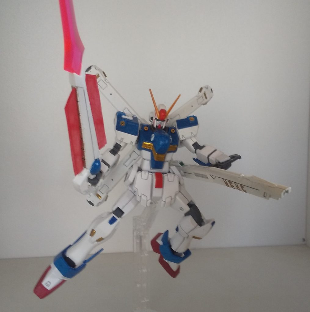 武装はX3のムラサメ・ブラスターからザンバー・ブラスターにするためにビームエフェクトを自作して、ビーム・ザンバーⅡ 諸刃 としました。デスティニーの高エネルギー長射程ビーム砲を加工して流用しています。(Hight-Energy Beam Cannon から H.E.B.C 呼称はヒーバック)