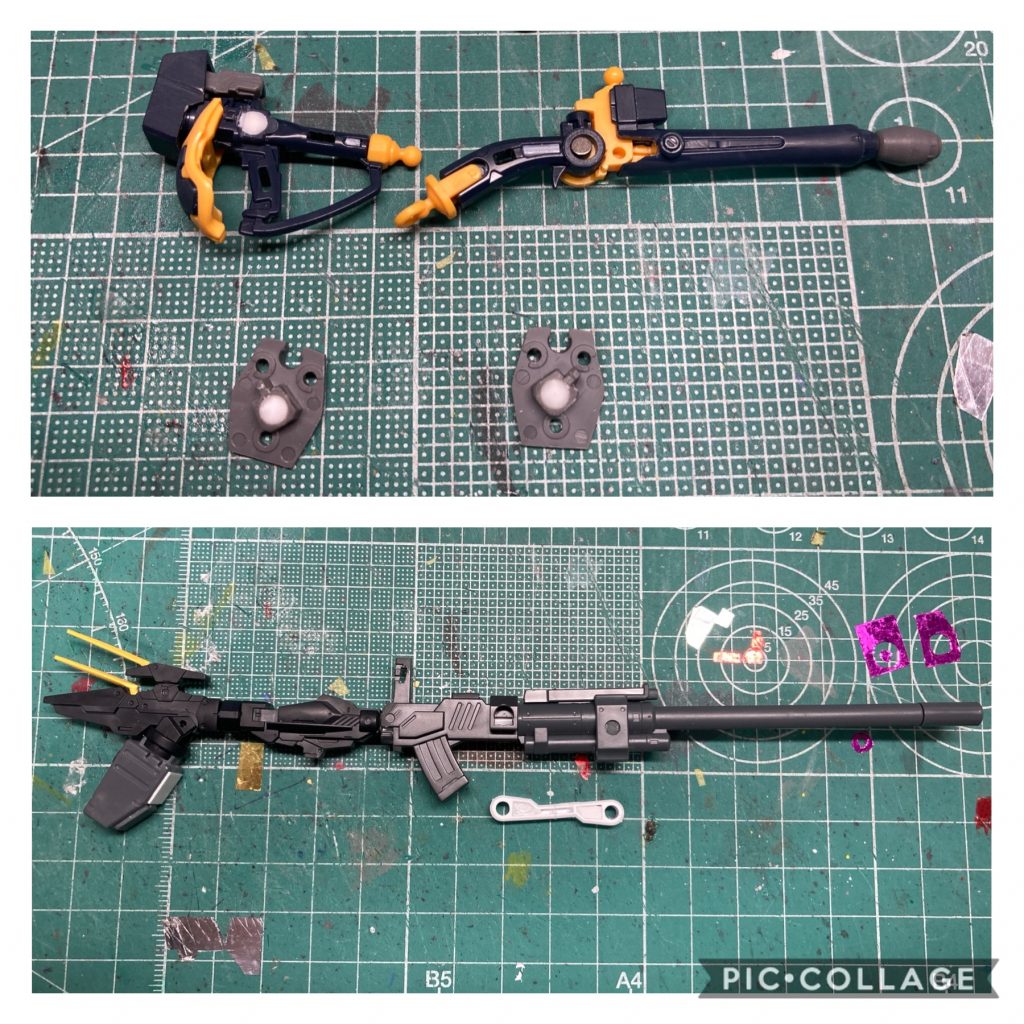 ビームザンバーとバスターガンはネオジム接続に変更。バスターランチャーはHGUCボールのキャノン、レジェンドBB陸ガンのキャノン、30MMアームユニットライフルなどから。