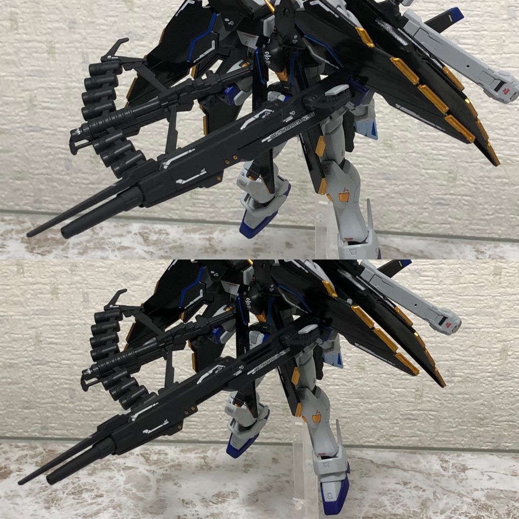 高エネルギー長射程ビーム砲は先端をガンダムベースで売っているシステムウェポン008のハイパー・メガ・ランチャーを使っていて伸縮可能です。その代わりに折りたためなくなってしまいました。そして本体よりビーム砲が長いです。