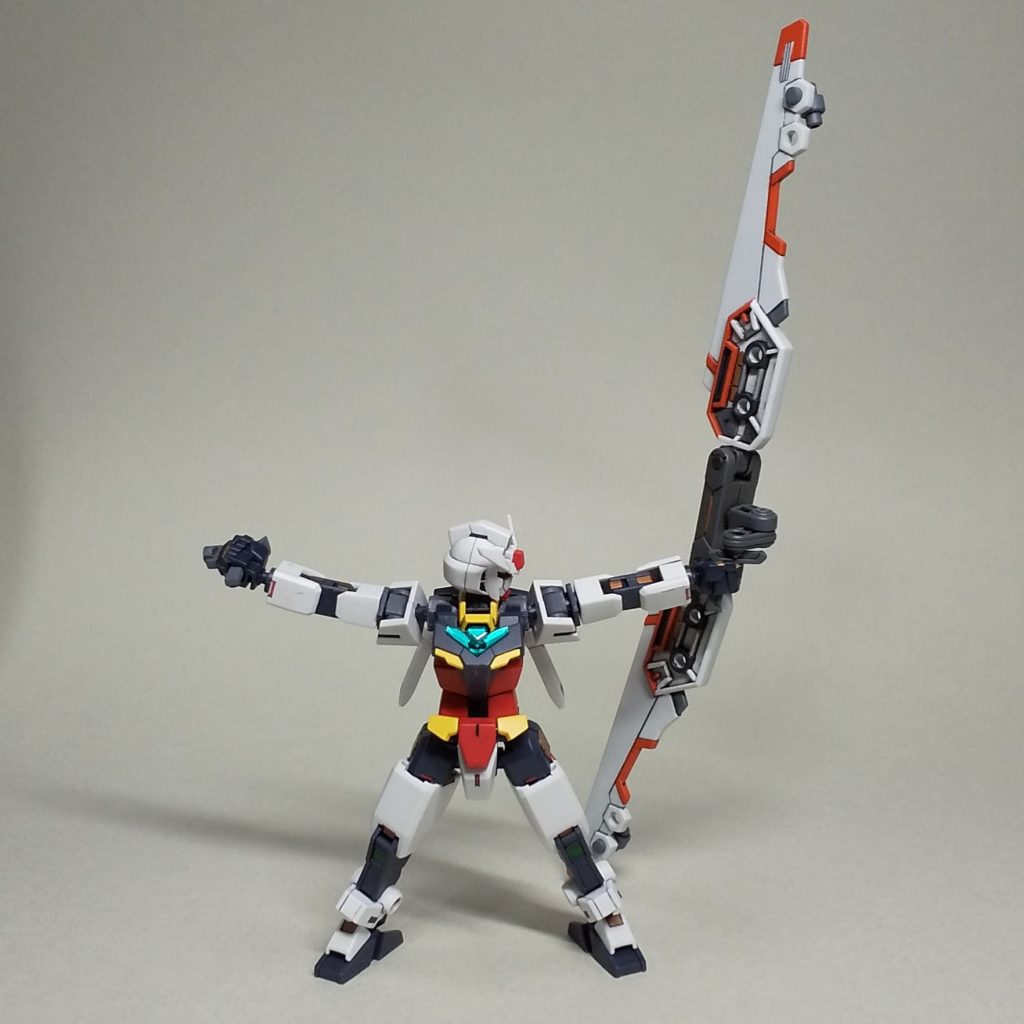 「残身」弓基部の可動を生かし、「弓返り」を再現。以上、射法八節ポーズ付け検証終了。本体の可動範囲には手を入れず、バンダイ純正パーツに最小限の調整をしただけの割には雰囲気は出せたと思います。以下、「会」状態の別角度から