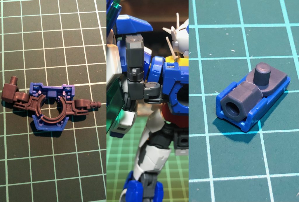 左:バックパックは構造を利用して右側にもバインダーアームを増設真ん中:GNシールド側バインダーアーム パーツをひとつ挟み位置が高くなるように調整右:GNシールドとアームの接続部がキットのままだと細く短く強度に難があるためジャンクパーツで新造