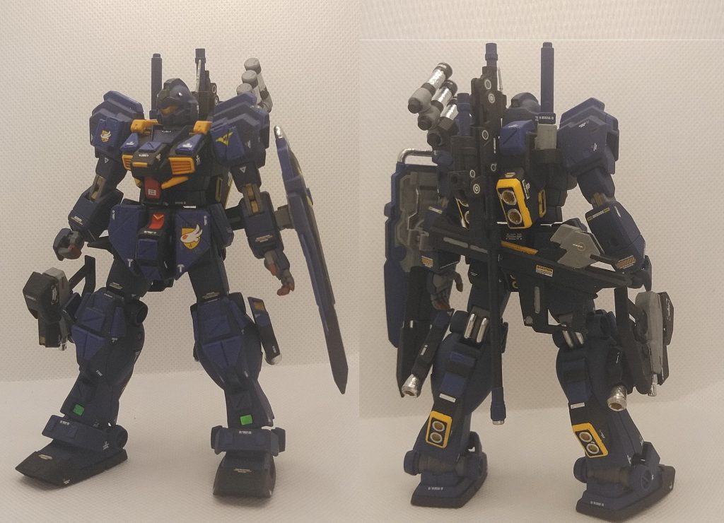 クゥエルストライカー全体図です。脚部へストライカーからのスラスターを装備、更に外側に一基づつ追加しています。また胸部コクピットも対弾性を高めた強化型になってます。