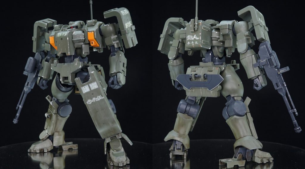 ・フル装備 前後から戦車のような重苦しい見た目と左足のアイスホッケーのキーパーみたいな大きなシールドがチャームポイント。今回は近所の模型屋さんが少し離れた場所に移転・営業再開したのでその記念として(勝手に)制作していきました。人革連は中国とロシアのちゃんぽんみたいな雰囲気なので自作デカールは漢字で作成。読みにくいと思いますが、『長崎』と『参壱伍』、『鉄人(ティエレンの意)』を貼り付けています。