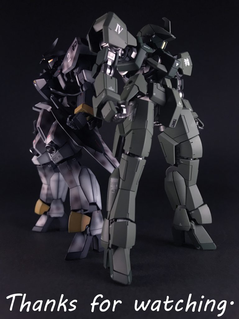 感想・まとめ今回はガンスタ様の新機能、制作ストーリー機能と併せて、制作しながらの投稿となりました。相変わらず「鉄血」は未視聴ですが、「HGIBO グレイズ」シリーズは簡単に作れて、しかもかっちょいい!!何度でも色んなアプローチで作りたくなっちゃいます!!「メッサーシュミット」と言えば、古くは「MSV」の頃から色んなMSのイメージソースとして知られている為、ガンダム好きにも有名な機体群ですよね。コンセプトは「燕」繋がりの「ダジャレ」ですが、軍用機に関しては全然詳しくないのに偉そうに説明してるので、今回もミリオタな諸兄からのお叱りが恐いです。迷彩って難しいですね、スケールモデラーの皆様は凄いです。最後までご覧くださりありがとうございました!!