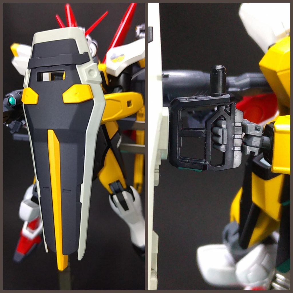 シールド溶断作業で出る火花から機体を守るために使用されている。・シールド本体はレッドフレーム(フライトユニット装備)から持ってきました。取っ手部分はM1アストレイのシールド取り付けパーツにビームトーチ製作で切り取ったサブグリップを接着して作りました。