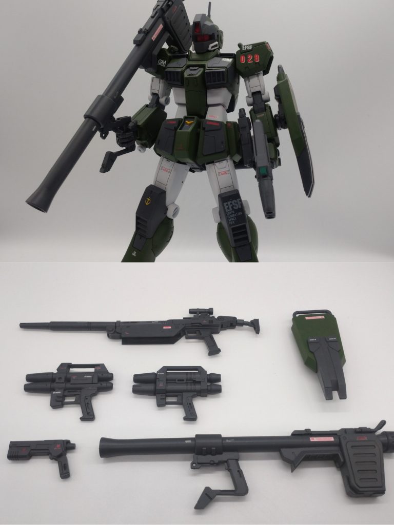 武装はR-4ビームライフル、2連装ビームガンver.Ka、2連装ビームガン(MSV版)、ハンドビームガン、ハイパーバズーカ、陸戦シールドを用意してます。R-4ビームライフルはコトブキヤモデリングパーツとプラパイプで改造、2連装ビームガンは持ち手はビームスプレーガンの流用ですがあとはフルスクラッチでがんばりました笑重装備仕様は男のロマン!