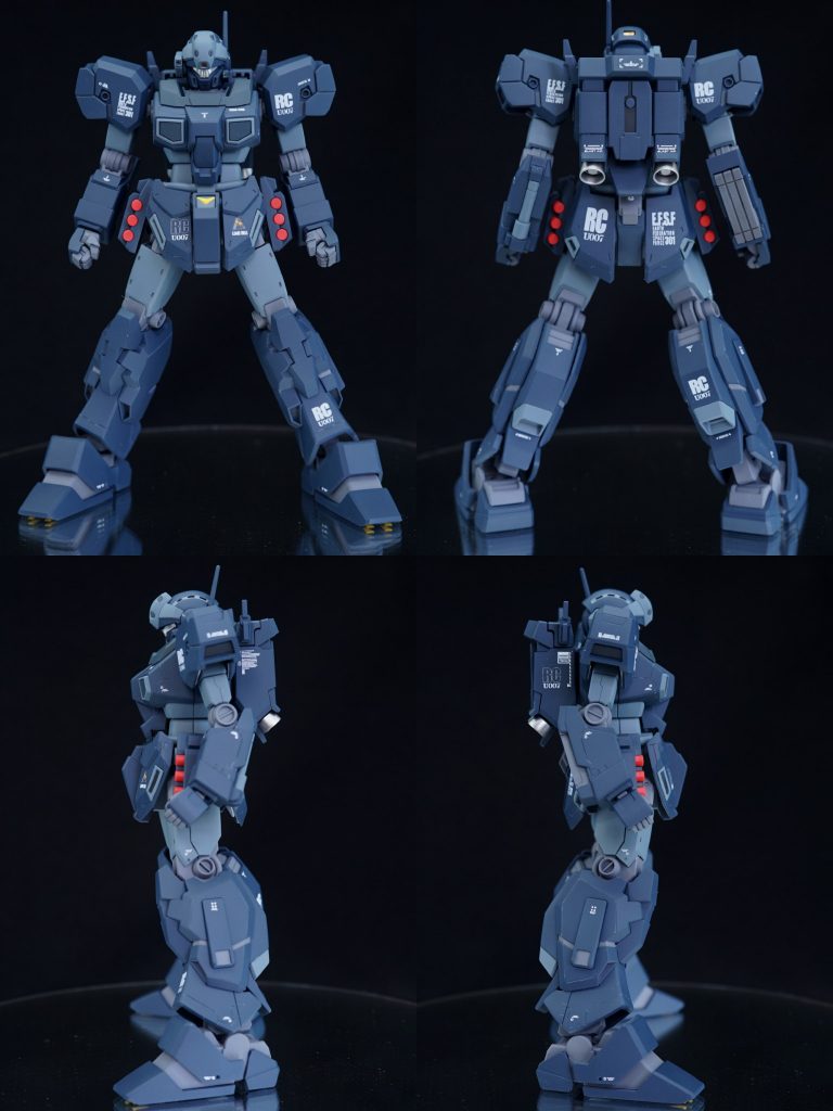 ・四方から2011年製のキットで合わせ目はやや目立つものの、後ハメ加工が必要な部分は肘関節程度で非常に組みやすい良キット。上腕が細すぎるのと肉抜き穴がかなり多いのがネックですが、「これはトラスフレームでごわす!」と開き直って放置するのも一興かと。今回は腹部の延長、上腕の幅増し程度のプロポーション変更しか行わなかったのですが、上腕は特に効果的でしたね!カラーリングはできるだけ作中の印象に近づけるように、カラーガイドに沿って混色していこうと思ったのですがメインのネイビーブルー」が足りなかったので別の色を使ってどうにかそれっぽく寄せていきました。デカール等も色数を抑えた管制番号等のみのシンプルな物にしています。