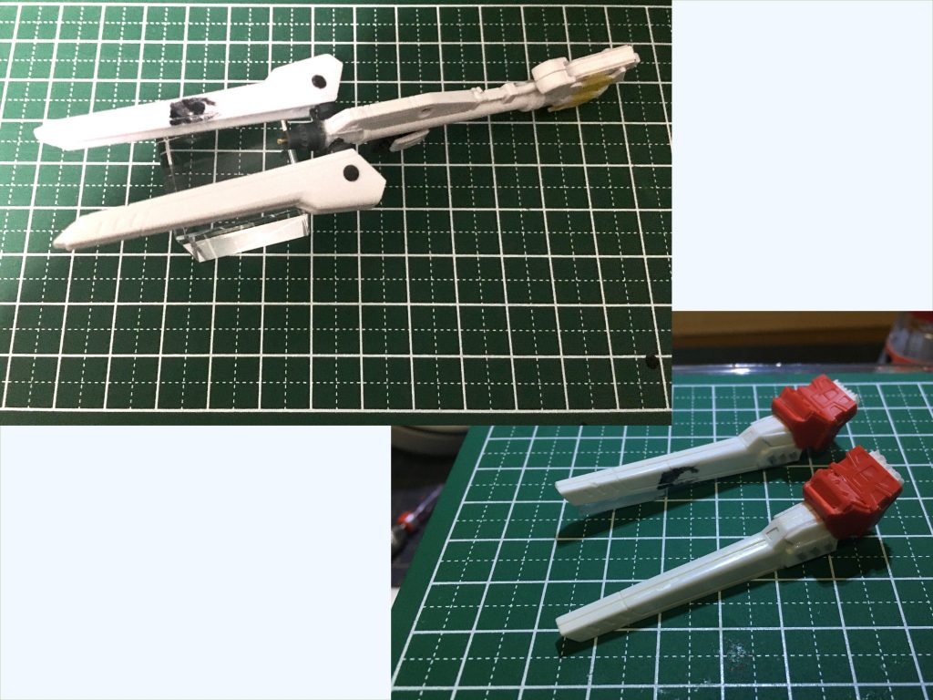 <メガヴェスバー>ヴェスバーの中にポリキャップを仕込んでおりそこを隠すようにF91の足を加工してカバーとしました。大出力という設定なのでしいたけも仕込んであります