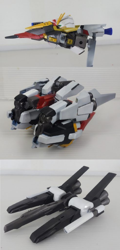 腕を外していますが、トップファイターは頭がいい位置で収まってくれています。胸の黄色いクチバシはウイングガンダムのバスターライフルの装飾部です。 