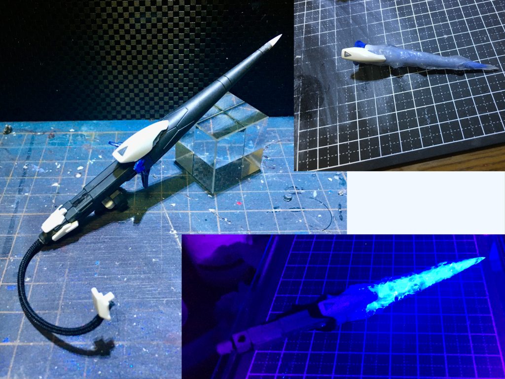 <アイス・ランス>F91の膝パーツをつけるなどしてF91らしさをランスにもつけられるようにしましたアイス・ランスのエフェクトがついている状態は蛍光ブルーも塗装してあります実は、機体を青を使用したものであることは決まっていたのですが、トールギス・フリューゲルのヒート・ランスを参考にした場合、起動状態を演出すると赤となってしまうため本体にあわせるように青にするため生まれた設定が氷騎士としたのが裏話