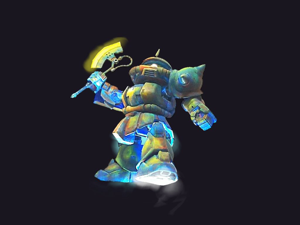 切り抜いて背景を黒に。ガンダムに肉薄するシャアをイメージしています。画像はバーニア光とヒートトマホーク、モノアイをPCで加工してます