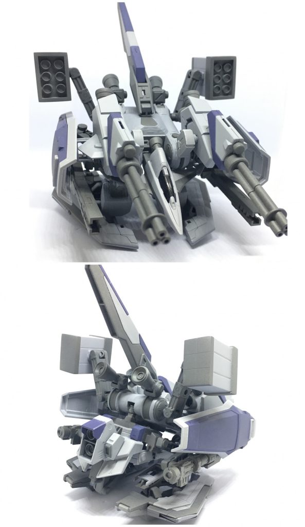 そして実はガンダムよりメインのGチャリオットww単独形態時にも合体時と同様に火器を使えるため、ガンダムの支援機という位置付け。ガトリング×2、レールガン×2、ミサイルポッド×2を左右対象に装備。サイドのシールドはフレキシブルアームで展開可能。単独時には操縦を担うコントロール機がドッキング。ガンダムとドッキング時にはコントロール機は分離する。前述の通り、陸ガンS型のサンボルジムのバックパックをどうにかしよう！から始まり、さまざまなガンプラの余剰パーツが組み込まれてます。 