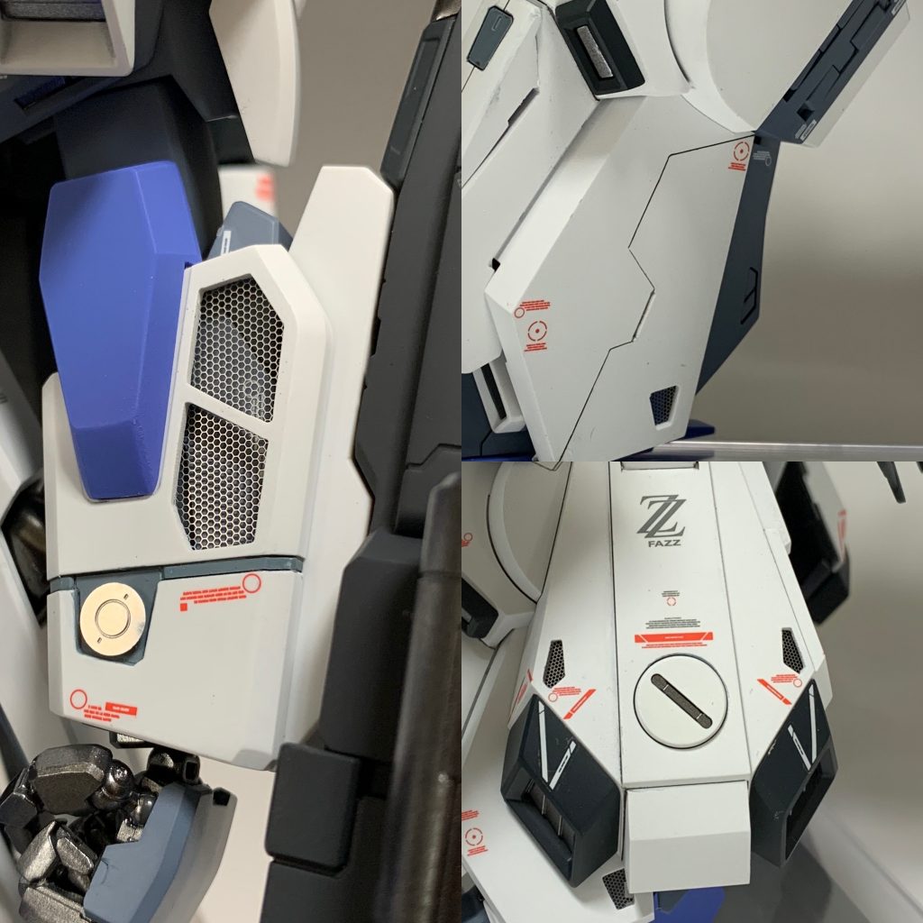 大掛かりな工程をした箇所!腕部のくり抜きは4個とも正確に同じ大きさくり抜いたのでほんとに大変でした、、、腕部だけではなく脚部の追加装甲のモールド部分もくり抜きをし、メッシュパーツを仕込んでいますメッシュパーツの裏の本体の装甲がチラ見えしてるのが個人的にエモエモポイントです😁次からはより詳しく改修点まとめていきます