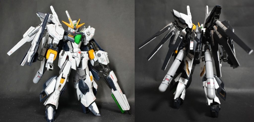 正面と背面から差分パーツはバックパック・腰部リアアーマー・左腕のサーベルラック背中がちょっと重いけど一応補助なしで自立できます太陽炉は胸とバックパック中央に一つずつ疑似ではなく純正のツインドライヴに換装されています