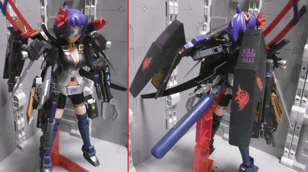 ティターンズメイド版にアクシズエンジェル版を混ぜ、塗装のために一部(手首・アンテナ)をノーマル版に。左腕を義手化し、ガンプラのパーツを多く使って元の「ガンプラ?」観からの離脱。機動力強化によりEN消費量も増大し、市販タンクパーツでプロペラントタンク化。狙い撃ちされて爆発すると危険なため、アームで自由に動かせるようにしています。スタビライザーとしても機能し、使用後はパージとの二択。好きな要素を取り入れ過ぎて戦闘狂みたいになっちゃいました★