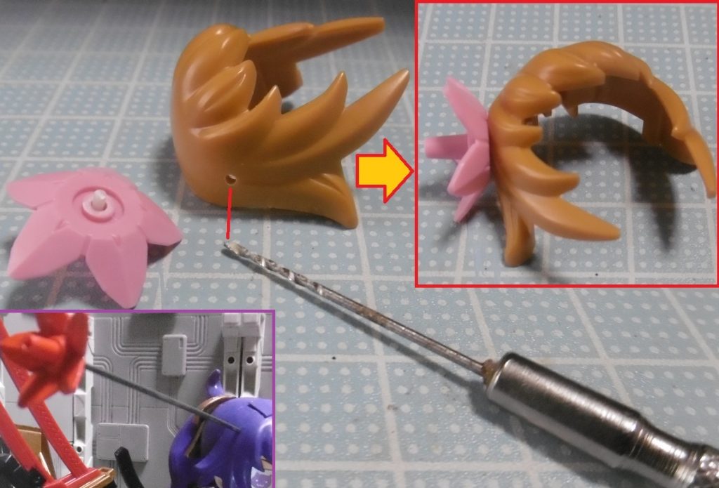 前髪の右側に1.0mmの穴をあけ、底面を加工したファルシアビットを1mmプラ棒で繋げています。基部を使わず薄くしたので元のビットとしては使えず、差し替えで有線式インコムの表現をしました。塗装した1mmプラ棒のため実物では曲げられませんが、長さを自由に変えられます。バトル時に髪の毛を伸ばして飛ばすのかは不明。