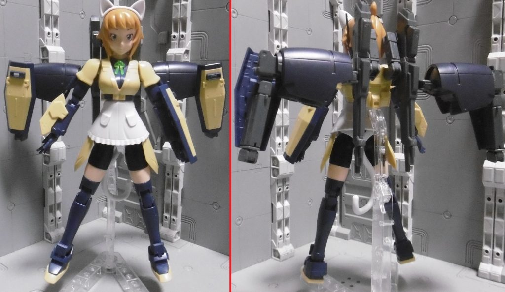 ⑦ はりそんふみなTM版にノーマル版の外装を組んだら、ハリソン機カラー風になった事から命名。スカート前後のアーマー接続部を切ってスッキリとさせ、同時に可動域も確保しています。小型シールドを計3枚使用し「HGUC バイアラン・カスタム」の腕部バーニアをバックパック両側に追加し、下方の3mm穴(元の腕部接続部)にはアームで折り曲げたシールドファンネルを。