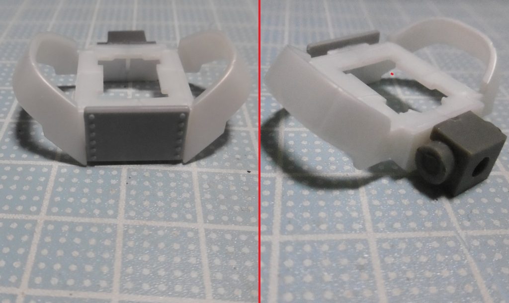 アクシズエンジェル用の腰アーマーは、前後にあるアーマー接続部を落とし、前面にはMSパネル01を接着して軽量化。背面にはPC-03と同プラサポで3mm穴を増設し、ココを台座接続専用にして安定保持させています。元のバックパック下部側は、プロペラントタンク+HGBCアーム系で埋まっているため。