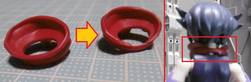 ダイバーアヤメのマフラーを、ナミの髪型に合わせてカットしています。右が加工後で、後ろは薄くなりますが2パーツ構成なので加工時に破損し難いです。上記のように首から上だけを弄っていますので、