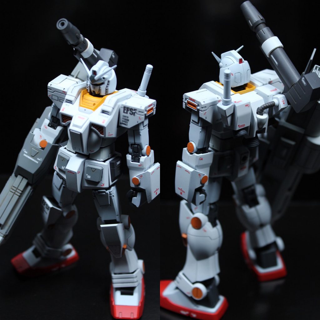 GFFやカトキハジメさんの画稿を参考にデカールを貼り込んでいます。カラーリングの他に、頭部・肩部・上腕・太もも・膝関節・ランドセル左側サーベルラック・ビームサーベルをHGオリジン78ガンダムから、足をHGUCジムⅡからそれぞれ流用しています。