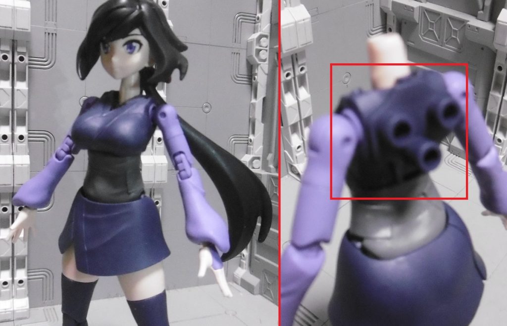 内部フレームはペールオレンジをベースに、肩口を余剰パーツのパープルに変えています。腕とのボールジョイント接続を違和感なくするため。目立つマフラーは無くして襟元をスッキリと。この状態でも背面の3mm拡張基盤は一応使えます。ただし引っ掛かっているだけなので無理なポージングをさせると簡単に外れます。肩と上腕を余剰パーツにしていますが、モールドと割り切っています。他に使えそうなパーツは無く、埋めると全塗装必須になってしまうため。ポーチ接続部は不要なので、0.2mmプラシートを巻き付けて接着し、塞ぎました。逆に腰が太く見えるようになった気もしますが、多分気のせいでしょう。きっと錯覚に違いない。うん。
