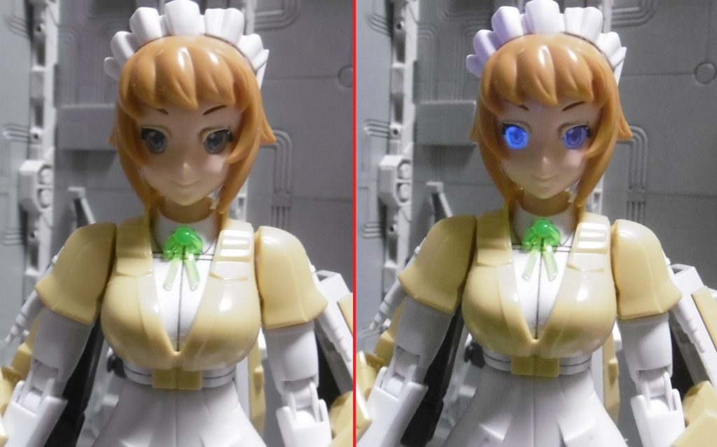 マスクのようなシールは流石に使い難く、切り取って貼り付け。
瞳のレンズには蛍光クリアーを塗ってブラックライト反応。【瞳術】として使う予定でした(ボツ案その1)その効果は、「邪神呼ばわりした不届き者を凝視し、自滅や同士討ちさせる」というもの。レンズパーツを使った表現はこの1体のみに留まっています。