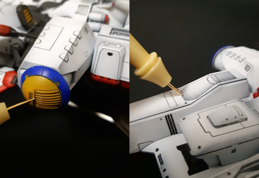 差し替え時にパーツを外すのだけれど、外しずらいにもホドがあったんで画鋲で外せるように引っ掛け穴をディティールとして追加しました

追記：Mrカラー 吸い上げ式のプロスプレーの2mmと4mmのノズルを使っての実験グラデーション塗装