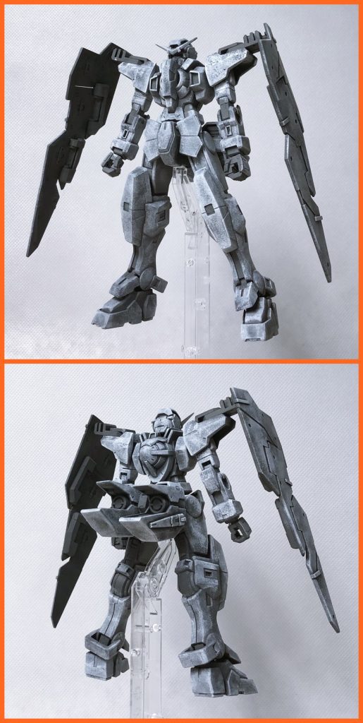 アクリジョンのベースカラーのベースグレーで成形色を隠蔽。その後ホワイトでグラデーション。