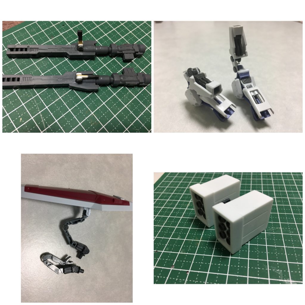 写真撮ってた制作物もろもろ。レールガンにグリップ付け、足パーツにGP03の装甲を取付、HGサンボルFAガンダムのサブアームを折り畳み可動化、箱組ミサイルポッドにスジボリ、ってな感じのまだまだ未熟な制作写真です^_^; 