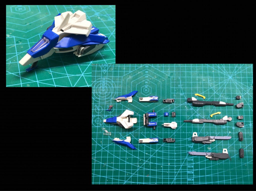 製作途中画像②フュージョンブースターの塗装前と、全ての加工を終えてサフ直前にパーツ単位でパシャリした画像です。Twitterにもあげましたが、今回フュージョンブースターはギミックもあるのでパーツの分割をかなりこだわりました。