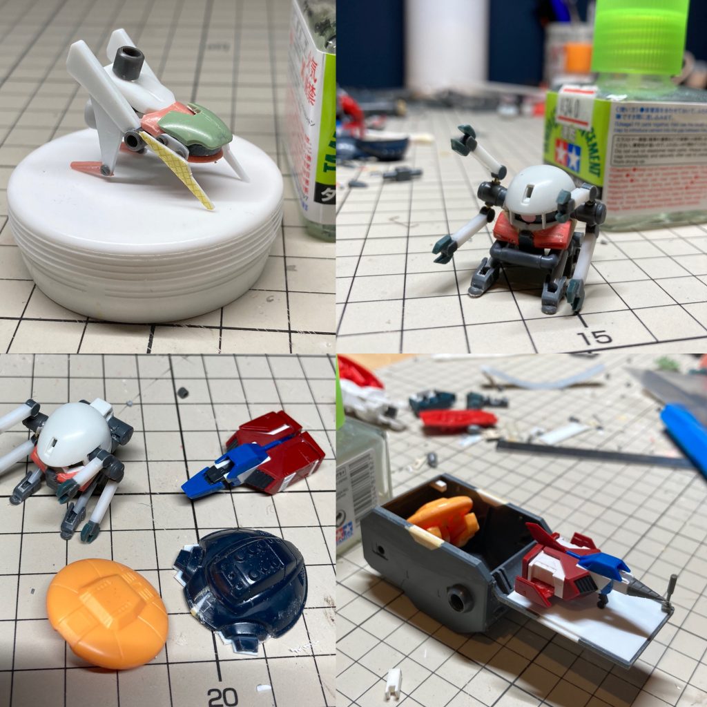 サポートメカの製作途中。ダブルフェイク登場の二機はほぼプラ材からのスクラッチ。雰囲気だけみていただければ！！（知らない人は検索してね。）  