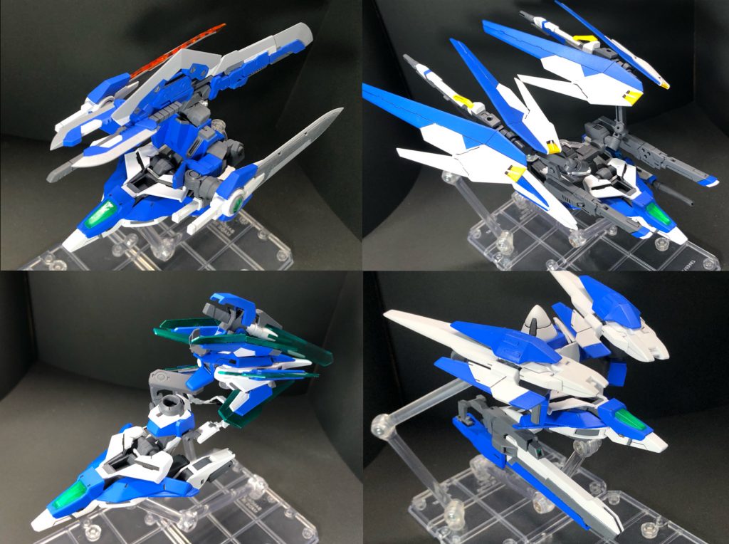 各フュージョンパックとの合体形態。左上から時計回りの順に、⚪︎GNF-001 オルフェイスソードパック⚪︎GNF-002b ハイマットバスターパック⚪︎GNF-003 サテライトライザーパック⚪︎GNF-004 ドラグーンバーストパックとの合体。