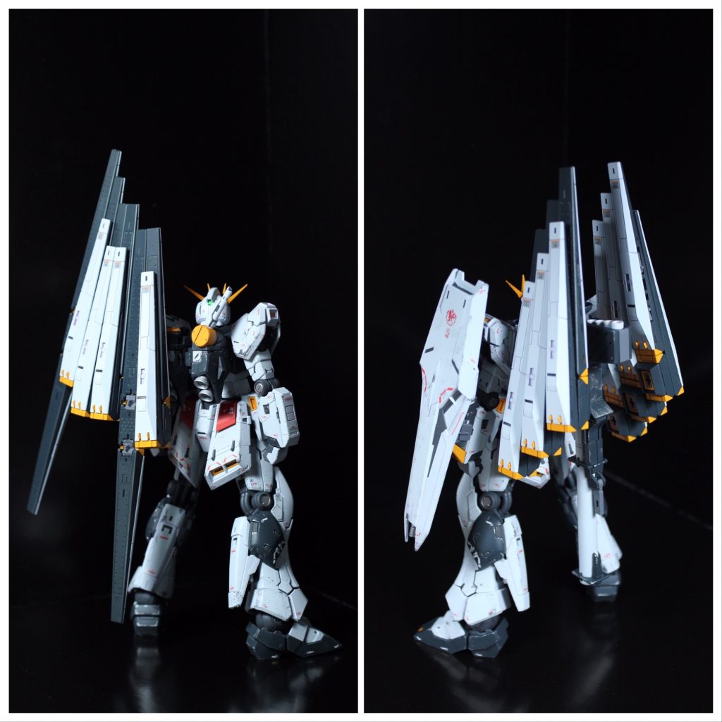 バックショットも悪くありません。独特のフィンファンネルが目立つので、νガンダムの後ろ姿はカッコイイです。ただ、撮影時以外、見る機会はほぼ無いでしょう。