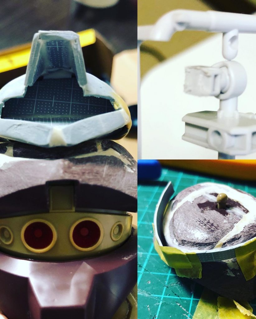 モノアイは内部にジョイントパーツを仕込み、動くように工作しました。上半身はアタマの大きさに合わせて襟を盛りました。