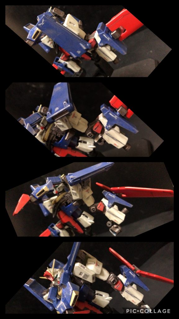 コアトップβ 可変① ダブルビームライフルを取り外す② 腕の位置を定位置へ③ 肩のアーマーを定位置へ④ 腕のアーマーを上げ、腕内のユニットを半回転、手首を伸ばす⑤ ウイングシールド等腕を定位置へ