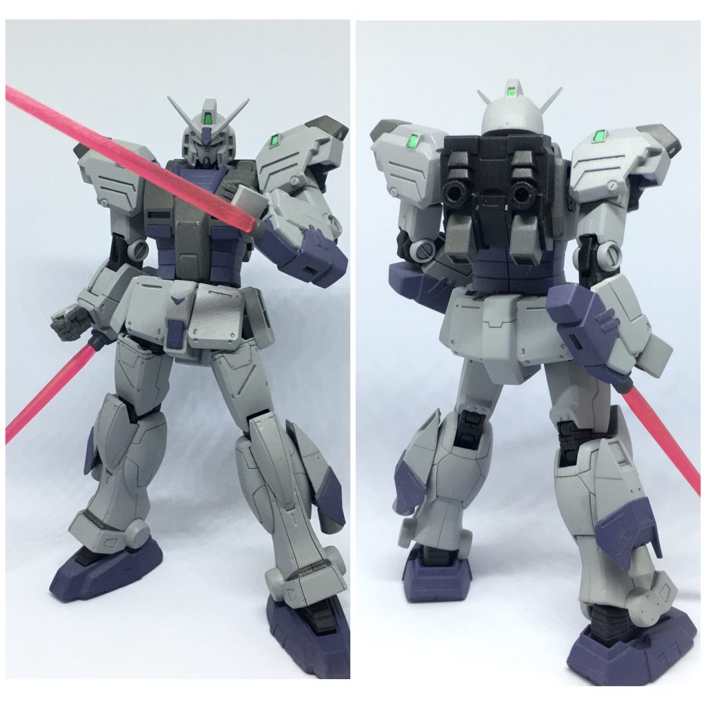 コアユニットとなる局地型ガンダム[NS]コアとなった時に、多重ロックオン、データ処理を簡素化して、パイロットに操作可能な状態にしなきゃ成立しないだろうなぁと思い、当時開発の進んでいたNT-1と同型に。アレックスの転用テストも兼ねてって事で。腕部にはNT-1と違い、ボックス型ビームサーベルを装備。のちにガンダム7号機[FA]の内蔵型ビームスプレーガンに発展することを想像しつつ、7号機の腕パーツを使いました。脚部に増設したスラスターも、これまたアレックス意識で。30MMオプションセットから流用。バックパックに3ミリ穴を開けたくなかったので、何かの余剰パーツだった接続パーツを切り貼りして増設バーニア風に。合体時にGチャリオットのボディに取り付けた軸がハマるようにしてます。 