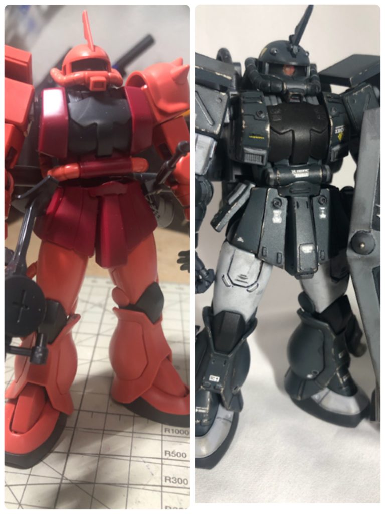 改造点としてはモノアイに電飾。大型シールドと鉈状のオリジナル武器加えて全身にディテール追加を行いました。