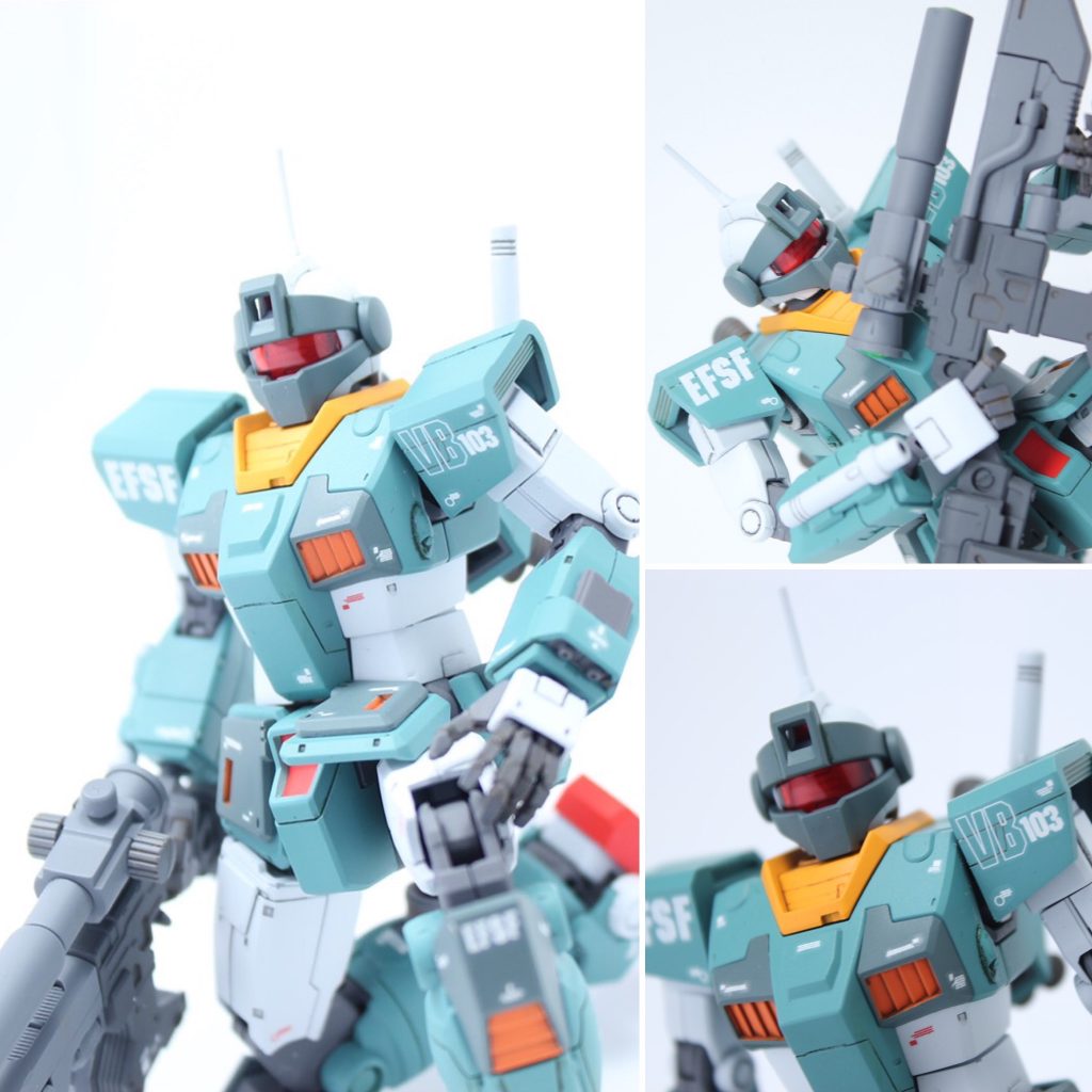 ミリタリー感溢れるジムスナイパーにヒロイックな明るめカラーリングが、いい感じにハマったと思います。今回もGFFやカトキ画稿をイメージし、コーションマーク多めでマットな綺麗め仕上げです。