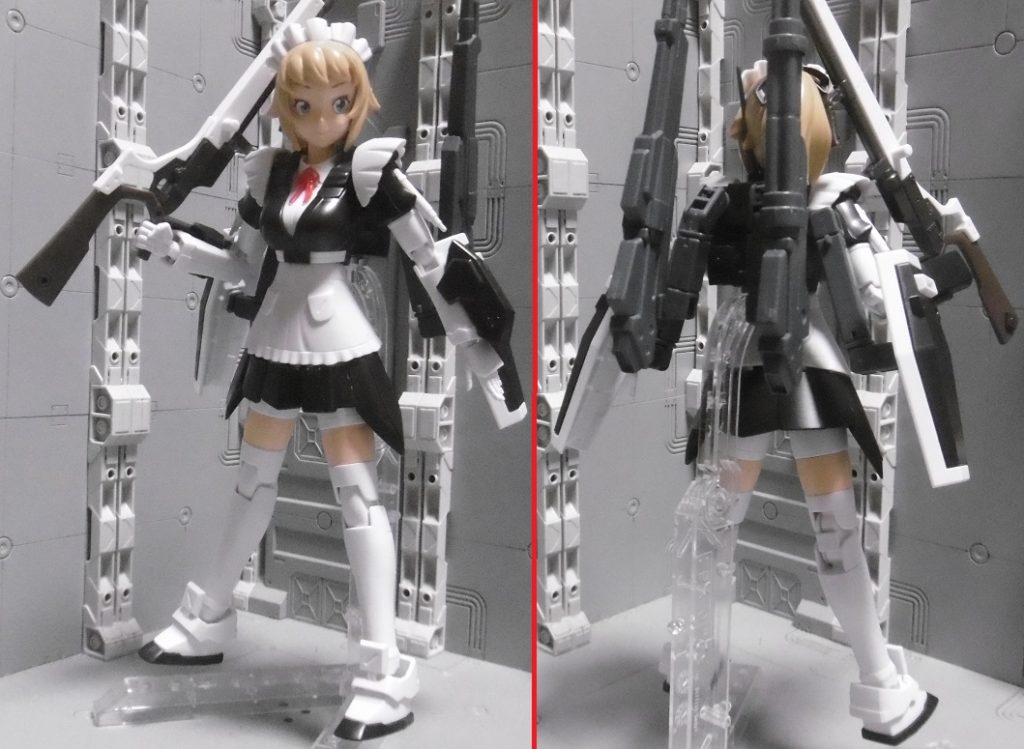 ④ ばすたーふみなノーマル版にAA版の髪色とTM版を合わせた物。手持ち武器は「メガミデバイス 猟兵エーデルワイス」のライフルに。バックパックはノーマル版とほぼ同じ構成で白黒になっただけです。遠距離射撃可能な ばすたー