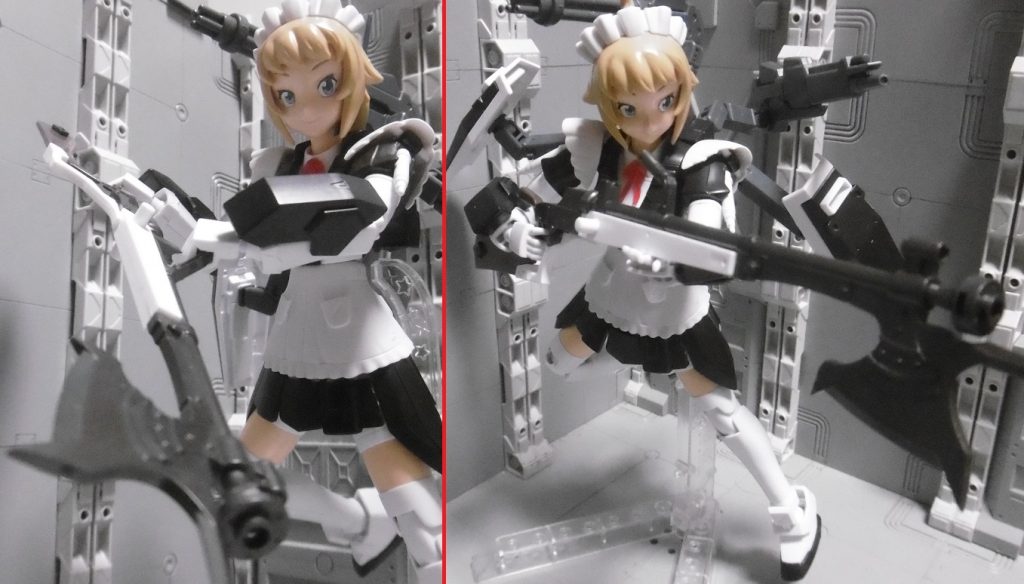 すーぱーふみな手首でも無加工で安定保持できました。一部パーツ(多分マガジン)は別のミキシングにより使用済みで付けていませんが、弾を撃てなくても突っ込んでそのまま格闘戦に持ち込めるため、特に問題はありません。メイドさんには大きなライフルを持たせてみたかった、それだけの理由。