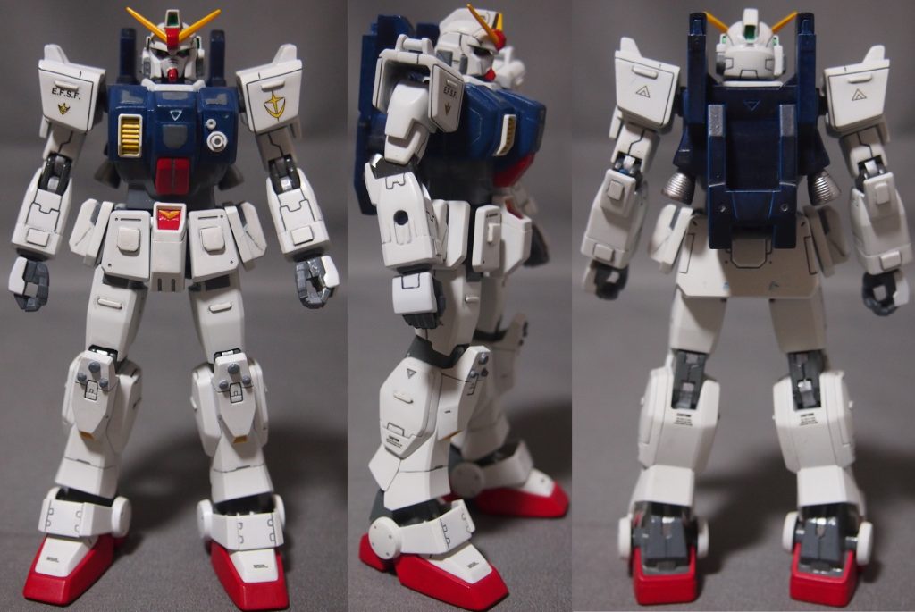 本体3面図。今は余りやらなくなったけど、各部にスジ彫りを追加したり、プラ板でディテールを追加したりしました。あと、今でもよくやる、ひじやひざの関節の一部をシルバーで塗り分けるようになったのは、これが最初です。