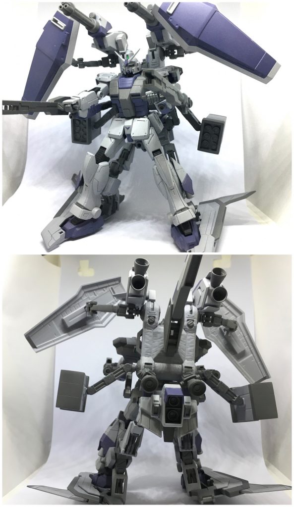 ガンダムをお迎えしてドッキング！バックパック、股間部に接続軸を挿れ、レールガンの可動式グリップを握らせて、ガンダム本体を固定。足先はゲタにしたゼータの羽を両翼展開すれば、空いた隙間にすっぽり収まりましたww個人的にはバックショットがかなりお気に入りです。宙を駆ける姿を想像してみてくださいね☆ 