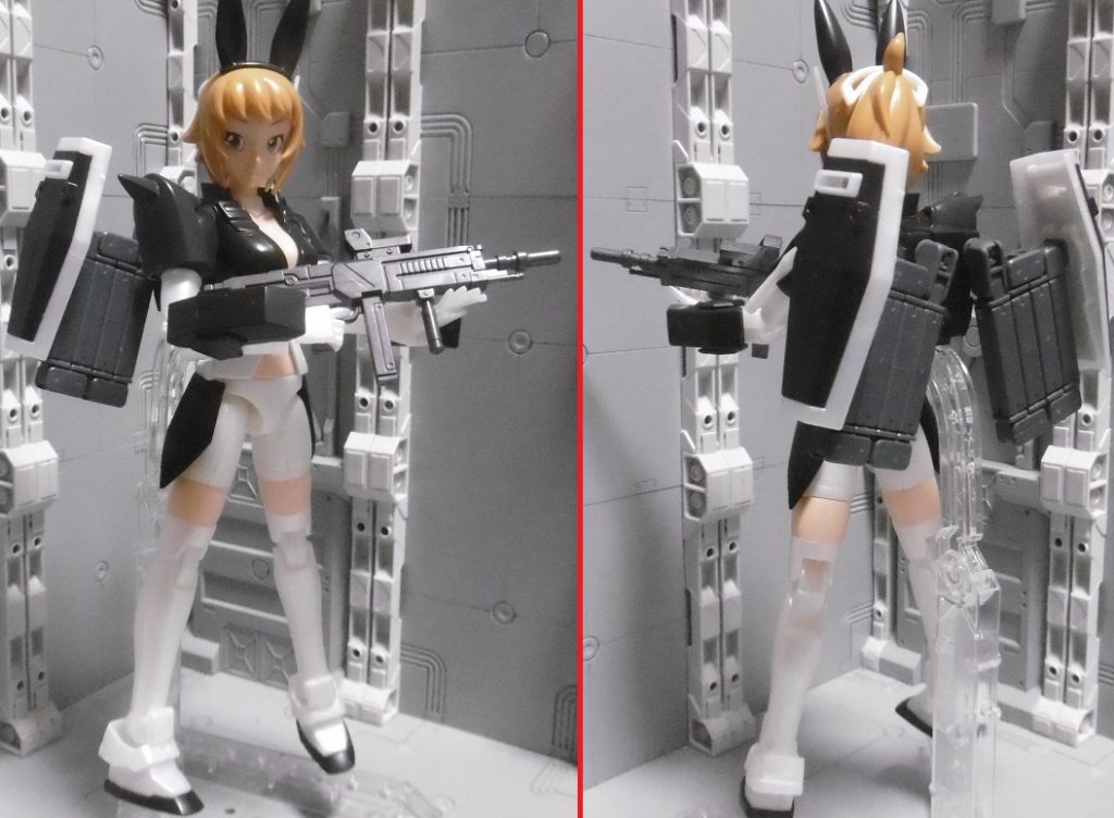 ⑤ うさみみふみなAA版にTM版を合わせた物で、右肩に「HG ミスター・ブシドー専用アヘッド」のパーツを向き変えで付けています。手持ち武器は「HGUC ジェスタ トライスタークリアVer.」のビームライフル(ガンメタカラー)にし、アサルトライフルっぽく。バックパック側は更にアーム延長したシールドファンネルのみに。