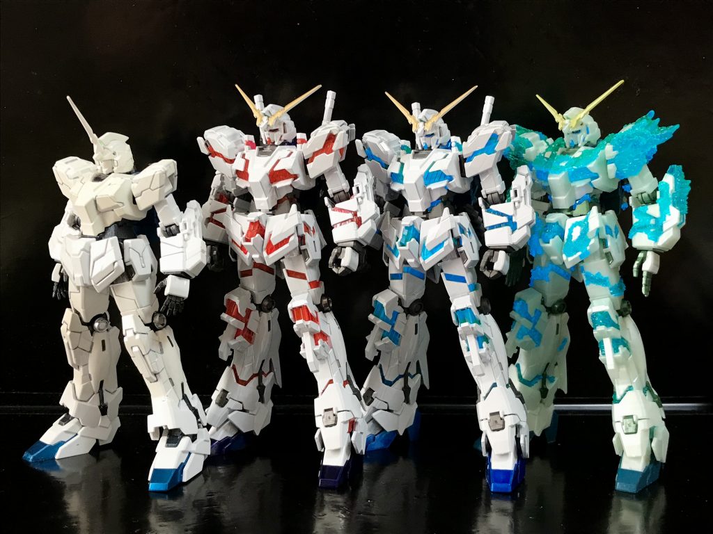 HGのユニコーンたち。RGとMGも持っていますが、このようにHGで何個も作るほうが個人的には楽しく感じます(^^)