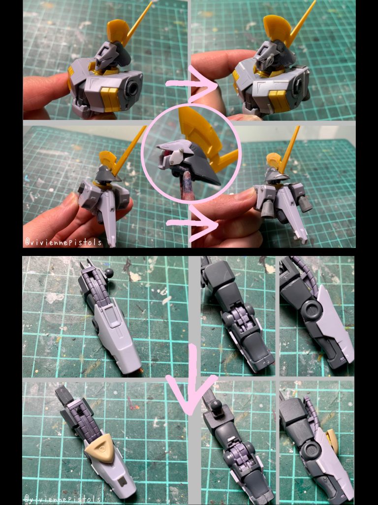 ダークな甲冑感を出したかったので、顔はプラ板と社外パーツで変更しました。肘のパーツは、別のMSの余剰パーツを使いました。