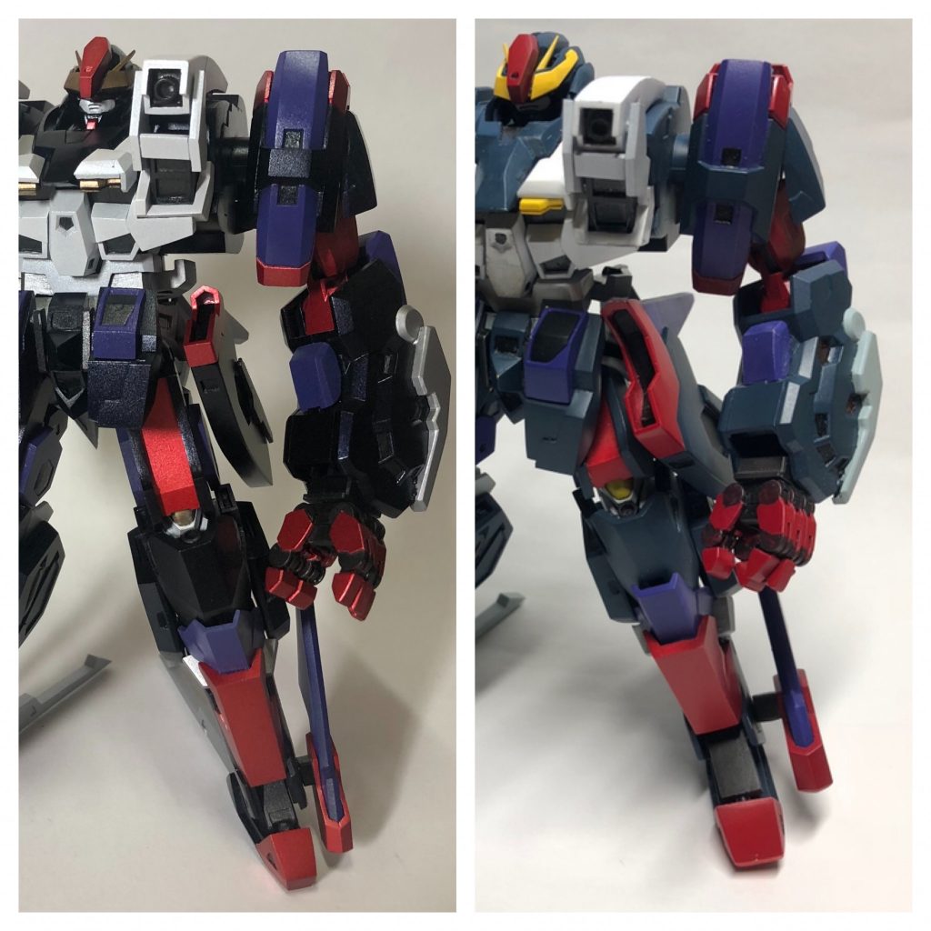 最後に比較用写真を。こう見ると前のは足首でかいわサイドバインダーでかいわ顔見えないわで色々と無駄に大きかったですね。前回の反省を活かし、プロポーションから塗装、強度、表面処理に重量、ディテール等徹底的に改修し、満足いくものにすることが出来ました。色々試したことも成功したので、以降これを超える作品を作る事ができるのか自信が無いくらいです。最後まで閲覧ありがとうございました。何時になることかわかりませんが次回作にご期待下さいm(_ _)m