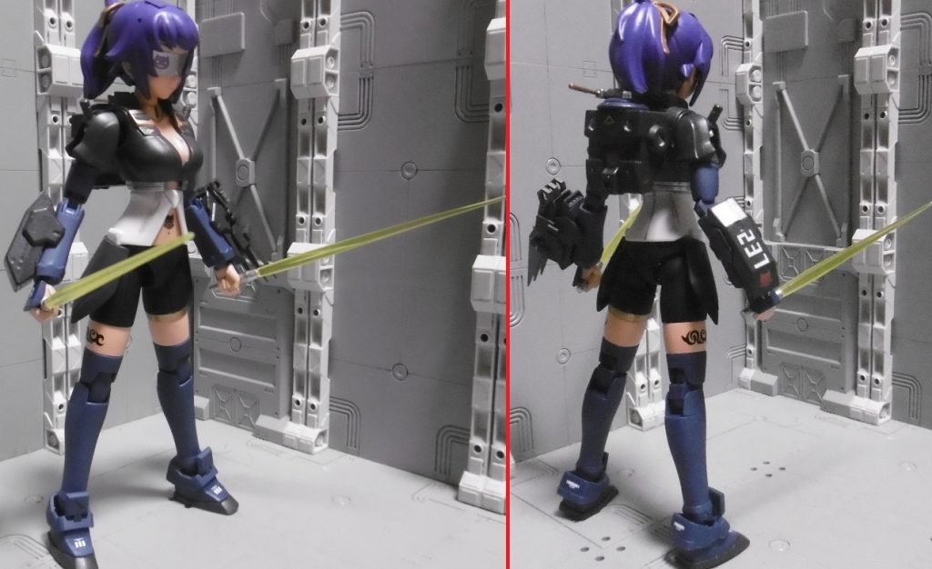 パーツ換装で軽装状態の【ぶらっくふみな】にもなれます。この状態では白兵戦特化仕様で、腕部ガトリングガンと左腕専用の苦無籠手、ビーム・サーベルx2でシンプルにまとめました。